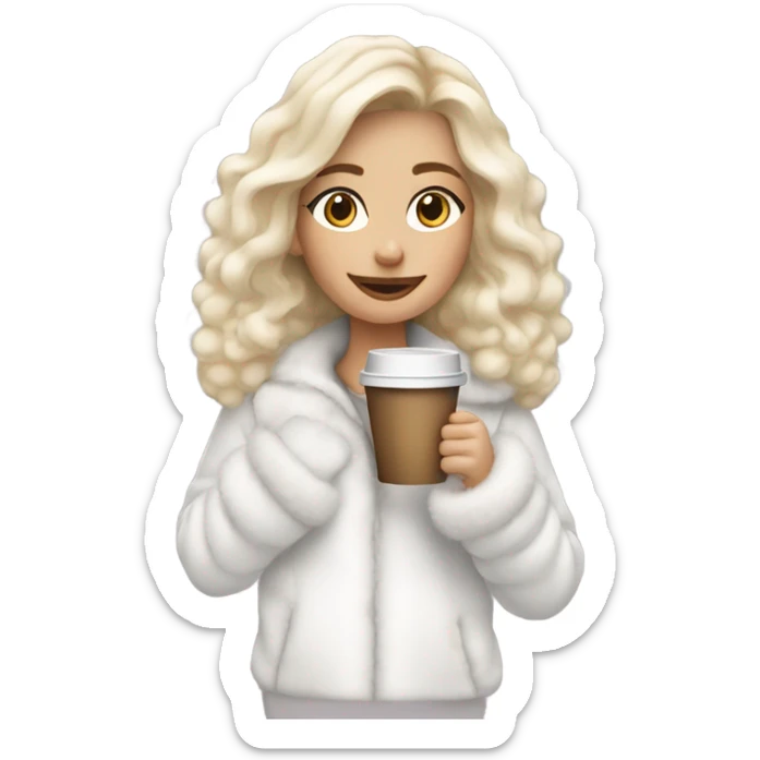 blonde girl wearing white fluffy jacket and a coffee to go in hand all dress white sticker