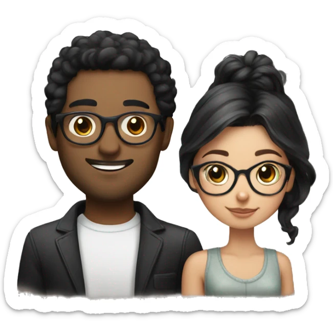 Guy with black hair and round glasses with girl with balayage with cat sticker