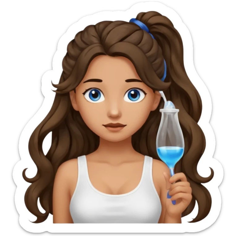 Girl with olive skin, blue eyes, brown dark insanely wavy long hair, white camisole, putting hair in a pony tail sticker