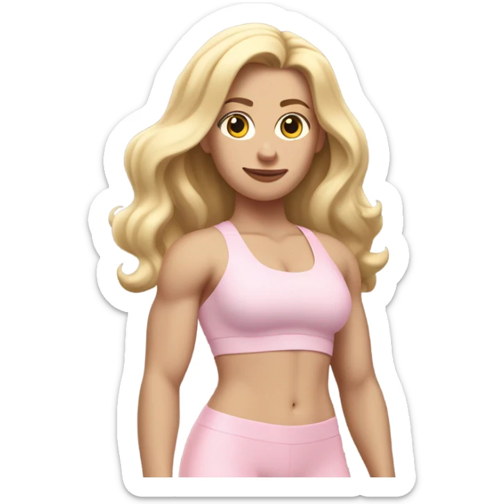 White woman, pale skin, long hair, blonde hair, wavy hair, baby pink sports bra, baby pink leggings, flexing right arm sticker