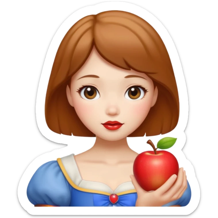 Create an emoji of Snow White holding a red apple, with short golden-brown hair Please create it in a super cute Japanese kawaii emoji style. sticker