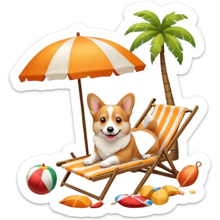 a corgi dog laied on a beach chair, a sunny beach, a sun umbrella, and beach coconut trees. the icon should capture the essence of a relaxing beach vacation with a carefree atmosphere sticker