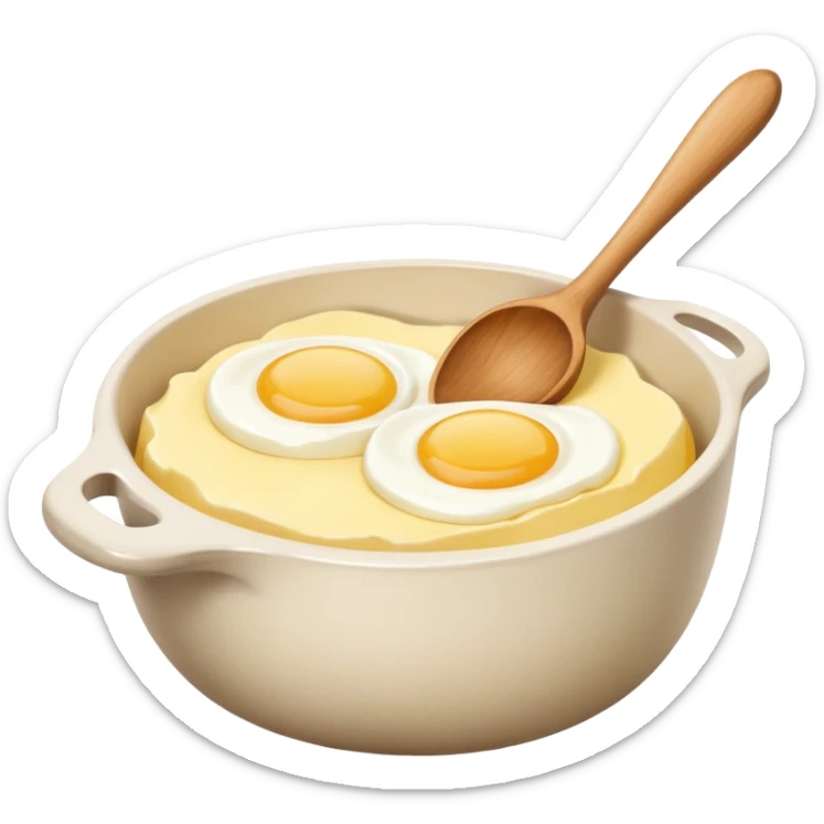 A carton of eggs, butter and a cream ceramic baking bowl with a wooden spoon in it sticker