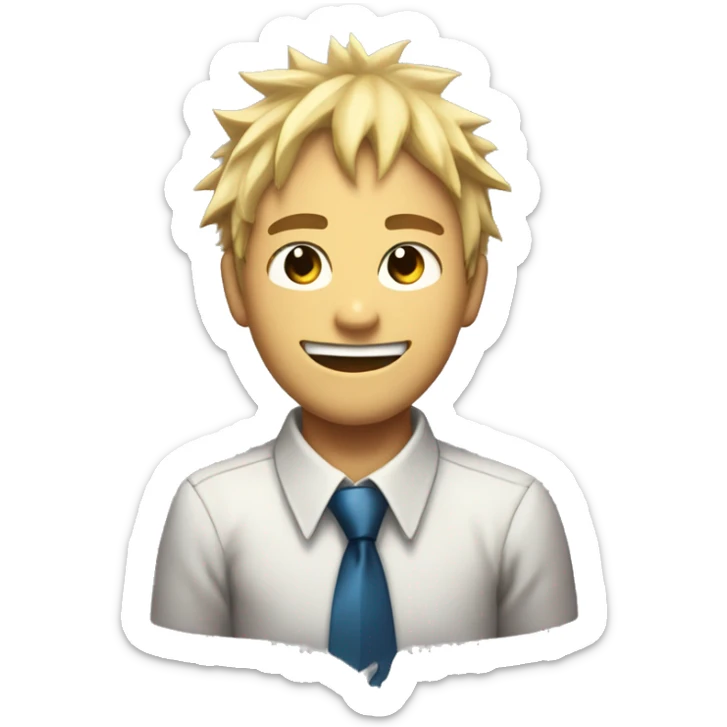 Denji with his blond hair in a shaggy style, brown eyes, with his shark teeth, is smiling evil and with a shirt with a tie from chainsawman sticker