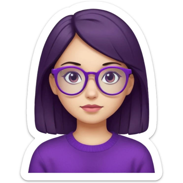 portrait of white girl with dark hair wearing purple sweater and purple glasses sticker