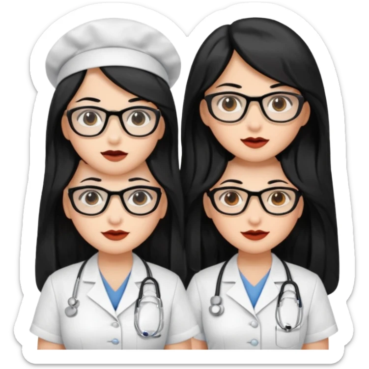 Genera emogis de 4 cuatro enfermeras de cabello negro largo, entre ellas que una tenga lentes y otra un lunar encima de los labios sticker