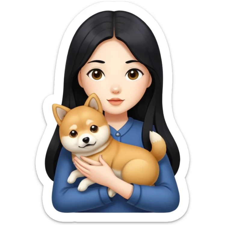 A girl with long black hair holding a Shiba Inu sticker