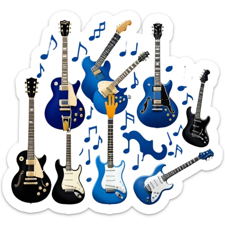 Icon for Blues Music: close-up collage of legendary blues artists. Gary Moore, Eric Clapton, B.B. King and Joe Cocker. Represented by silhouettes or symbolic items like guitars, microphones, or music notes, reflecting the soulful energy of blues music. Transparent background. sticker