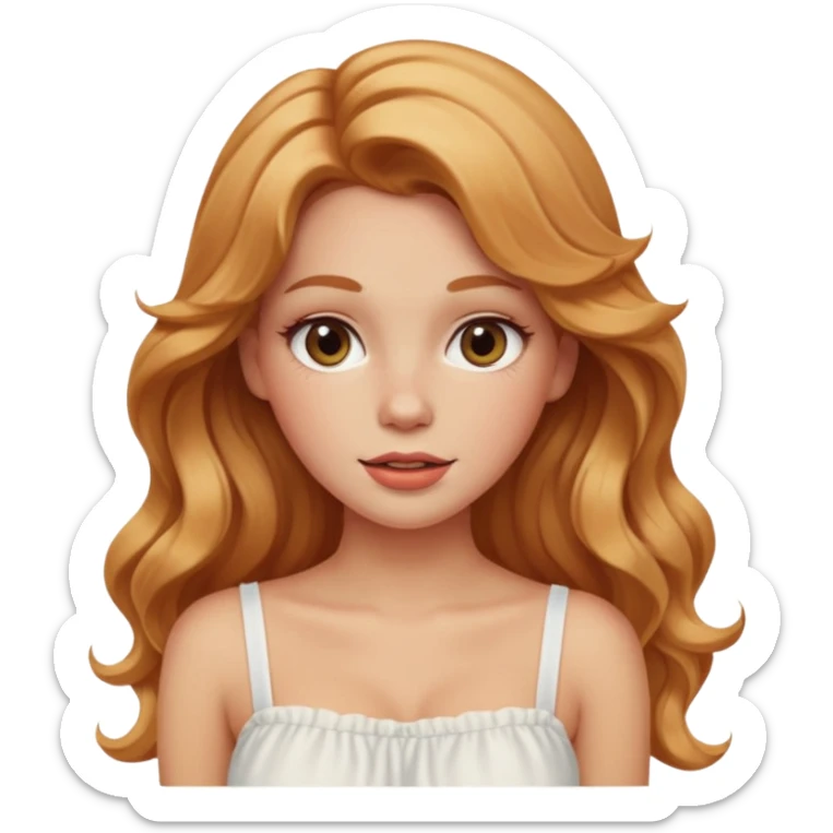 white girl with strawberry blonde super long wavy hair, white tube top, blushed cheeks sticker