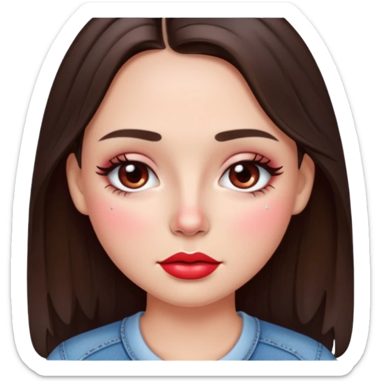 “Emoji brunette girl, dewy skin, heavy blush across cheeks and nose bridge, glossy cherry lips, soft eyeliner, teary sparkling eyes like hanni from new jeans sticker