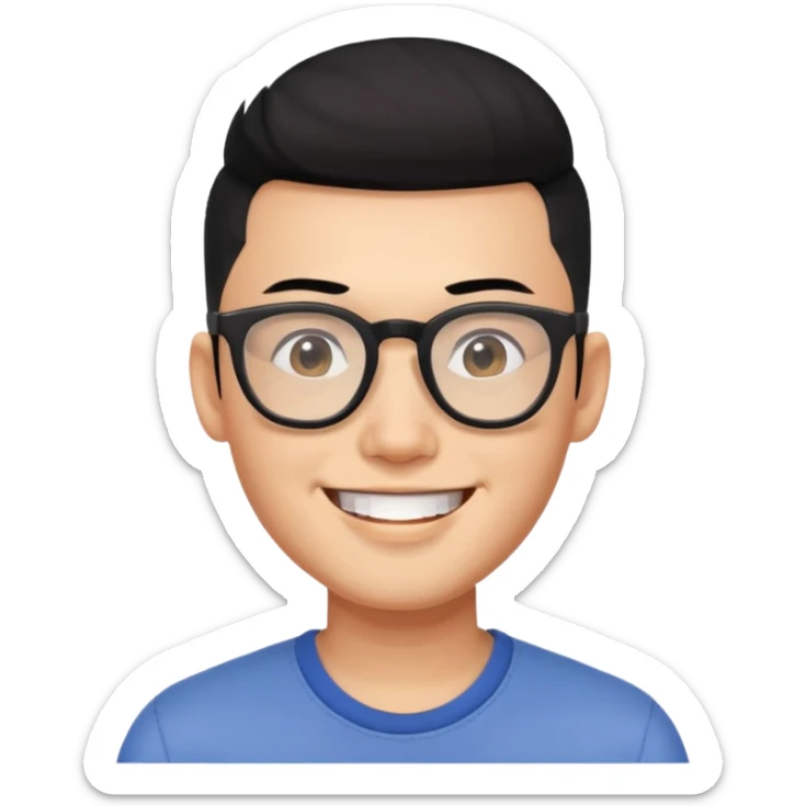 modern Asian man with black hair undercut, shaved sides, square glasses, big smile, youthful vibe sticker