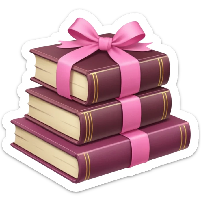 pile of books wrapped with a pink ribbon, iPhone emoji style, pink tones sticker
