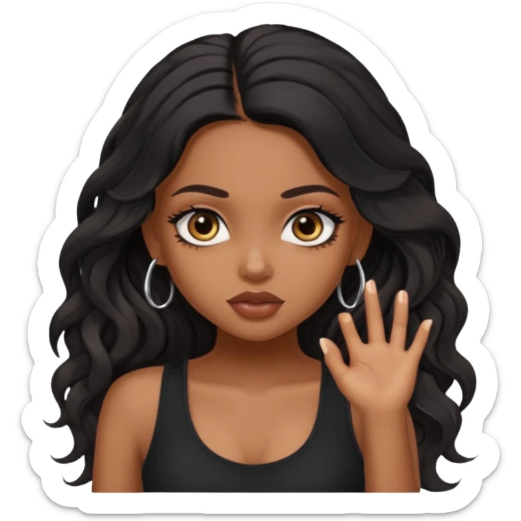 a pretty bratz dusky girl with long wavy black hair, kajal under eyes, black full sleeve tank top sticker