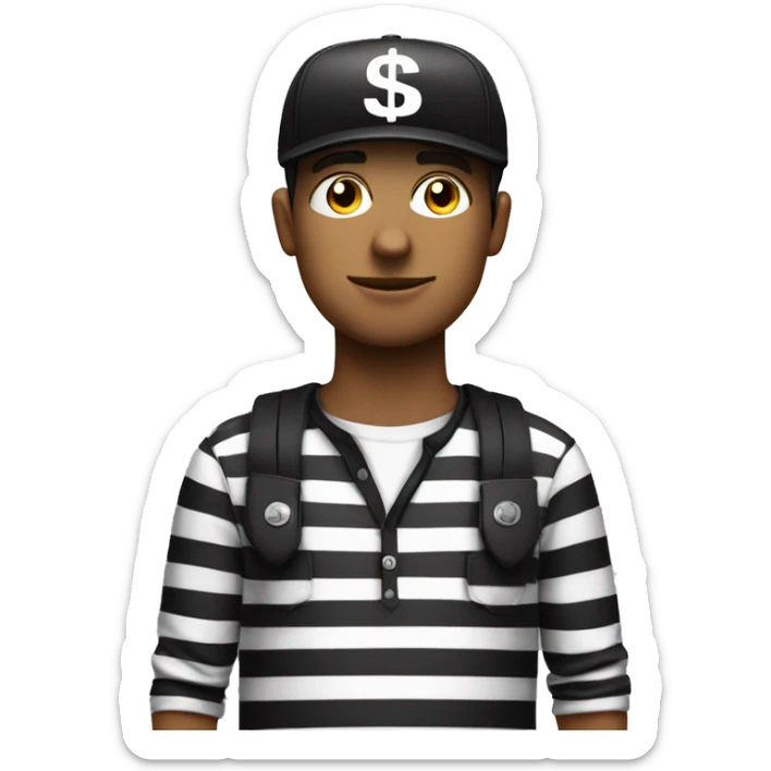 A man with striped black and white shirt a black cap and a black eye tag with a cash bag sticker