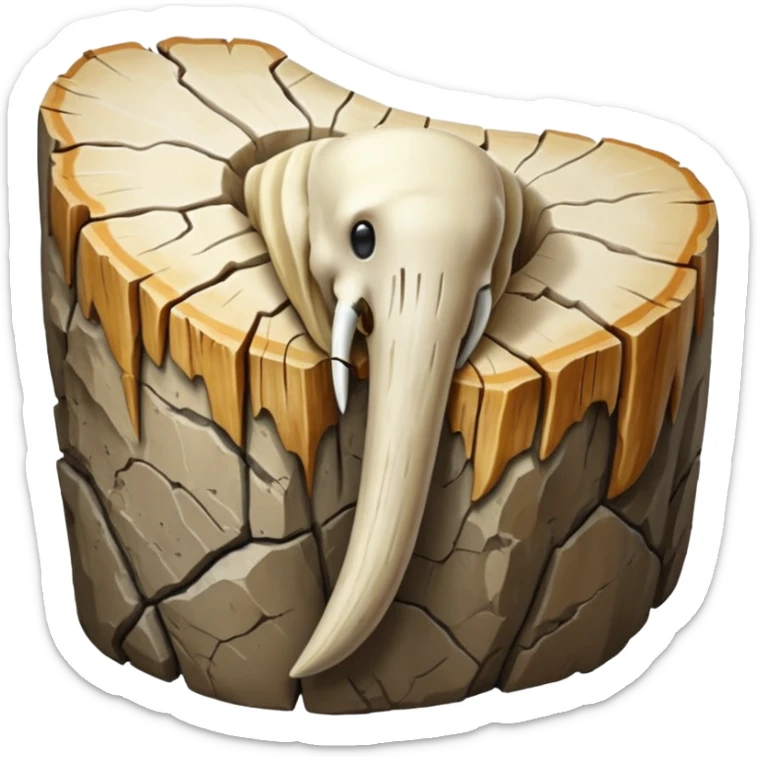 3D render of Mammoth Tusk, embedded in a chunk of rough sedimentary rock, cracked stone texture, ancient fossil aesthetic, weathered white ivory texture with cracks, matte dry finish, Apple emoji style, isolated on white background --v 6.0. sticker