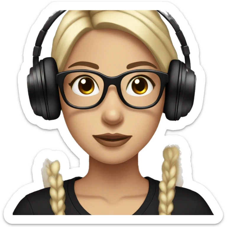 Fair skinned girl with brown eyes and long straight black hair with a black t shirt with glasses on with headphones on mixing on a dj mixer sticker