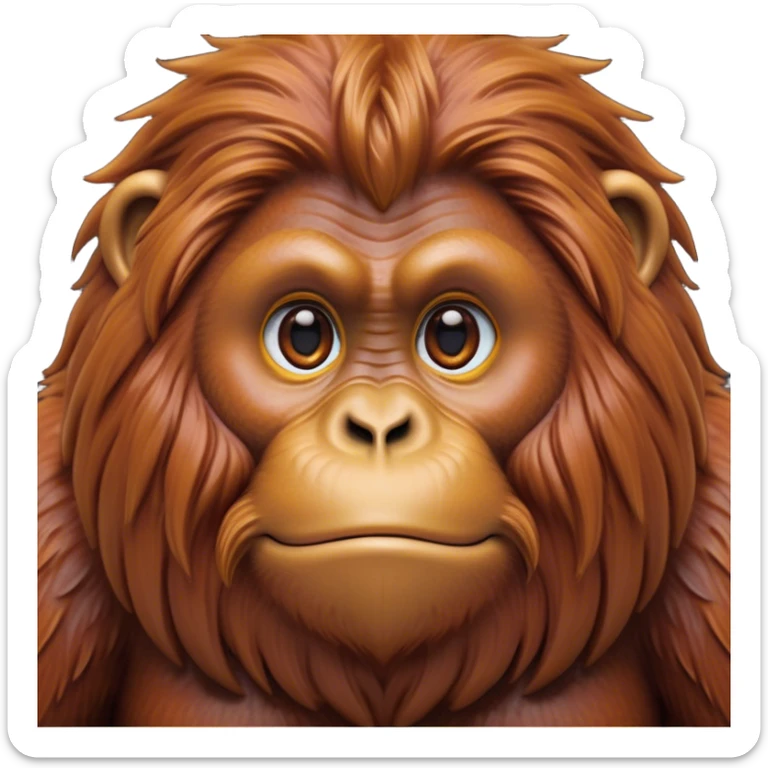 Cinematic Noble Orangutan Portrait Emoji, Poised and regal, with a robust, thoughtful build and deep, soulful eyes framed by rich, textured fur, Simplified yet sharp and sophisticated features, highly detailed, glowing with a soft, earthy glow, high shine, intelligent and contemplative, stylized with an air of ancient wisdom, focused and commanding, soft glowing outline, capturing the essence of a watchful and confident guardian that appears ready to step out of the screen with timeless authority! sticker