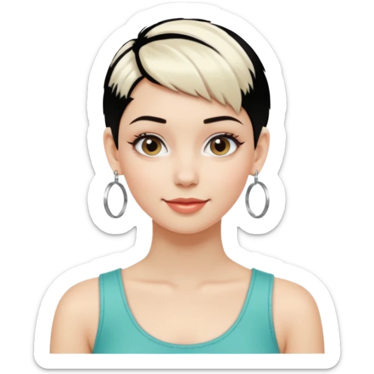 emoji of a young fashionable woman, short platinum blonde hair, wearing hoop earrings and a stylish top, cheerful look sticker