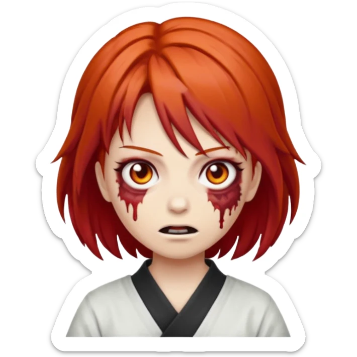 zombie emoji Paklov, dark orange red hair, hair styled in the shape of megumi from jujutsu kaizen, sticker