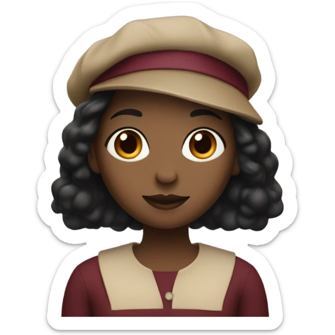 A black girl wearing a burgundy top with flowy black hair and a beige beret sticker