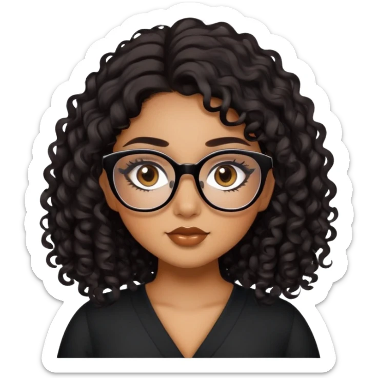 girl, caramel skin, pretty, eyeliner, eyelashes, plus size, brown eyes, black long curly hair, glasses sticker