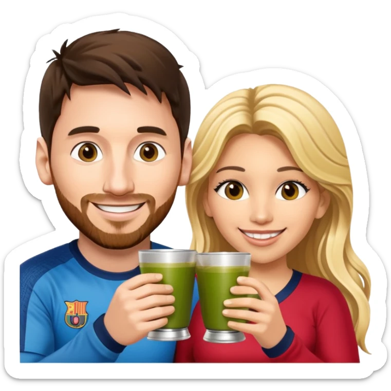 emoji-style illustration of Lionel Messi and Shakira smiling at each other, both holding traditional yerba mate cups, about to make a cheerful toast, friendly, happy, expressive cartoon faces, bright colors, fun vibe sticker