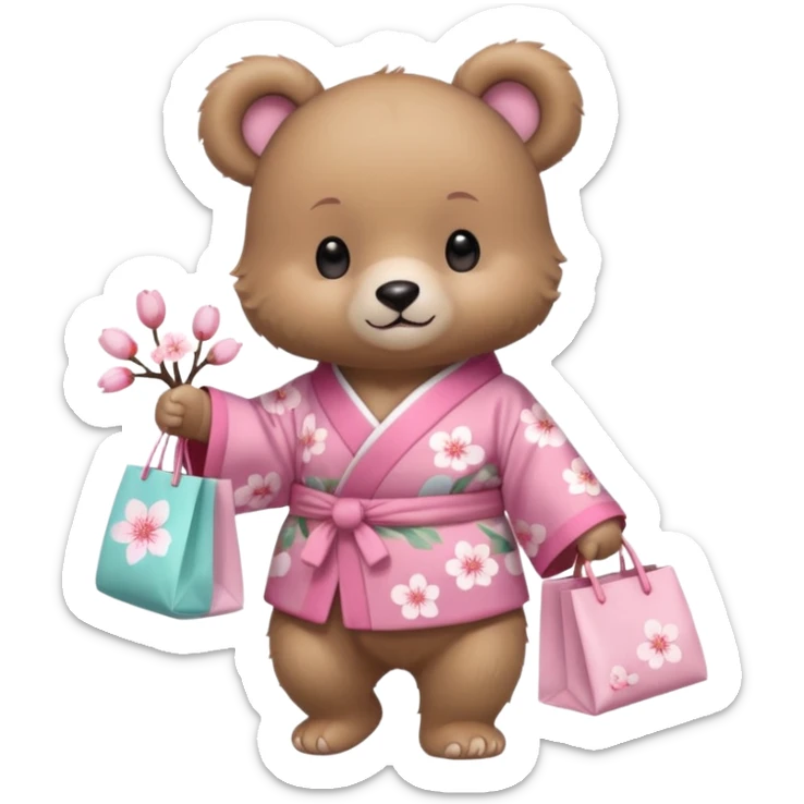 A cute baby bear character in pastel style, standing upright like a human. 
Light brown soft fur, large round ears, rounded paws and feet. 
Wearing a pink kimono with soft cherry blossom patterns on the sleeves and bottom, Holding a cute pastel shopping bag with one paw, walking pose. sticker