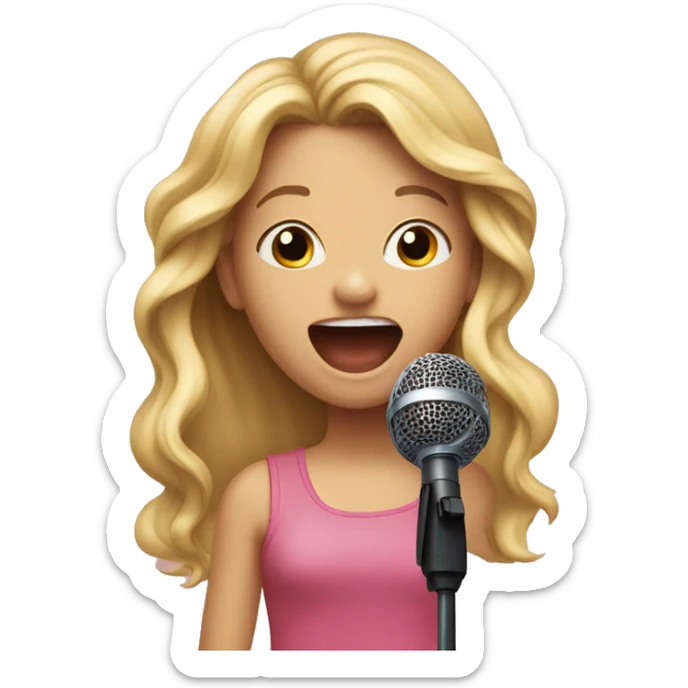 An emoji of a young girl with long blonde hair, holding a microphone and singing passionately, with a joyful expression on her face sticker