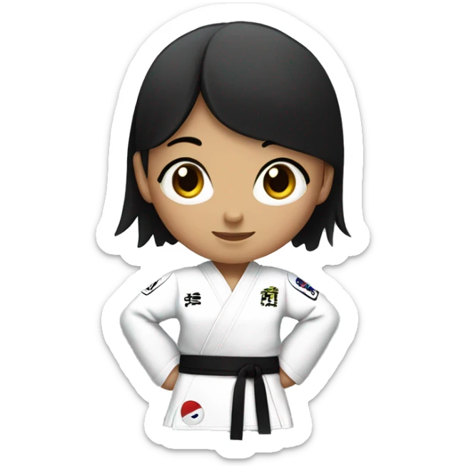 girl with black hair wearing a taekwondo dobok with white belt sticker