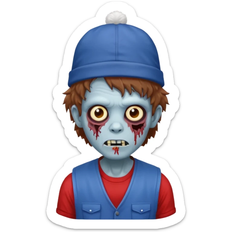 brown fluffy hair zombie with blue and white hat dark blue jilet red t shirt sticker