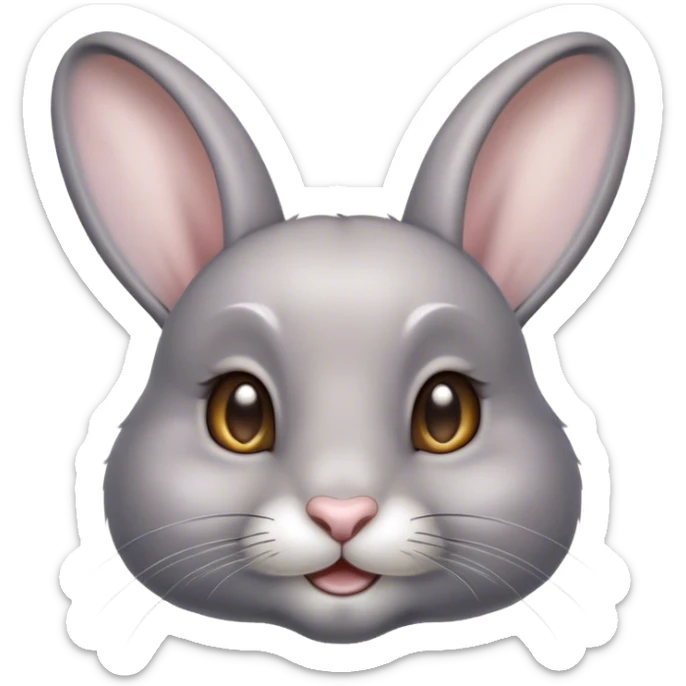 Cinematic Cute Grey Rabbit Portrait Emoji, Head tilted playfully and inquisitively, featuring a silky, smooth grey fur with soft, velvety textures, round, sparkling grey eyes filled with curiosity, Simplified yet irresistibly adorable features, highly detailed, glowing with a warm, friendly glow, high shine, affectionate and gentle, stylized with a touch of whimsy, bright and endearing, soft glowing outline, capturing the essence of a mischievous yet loving bunny, so playful it feels like it could hop out of the screen and into your arms! sticker