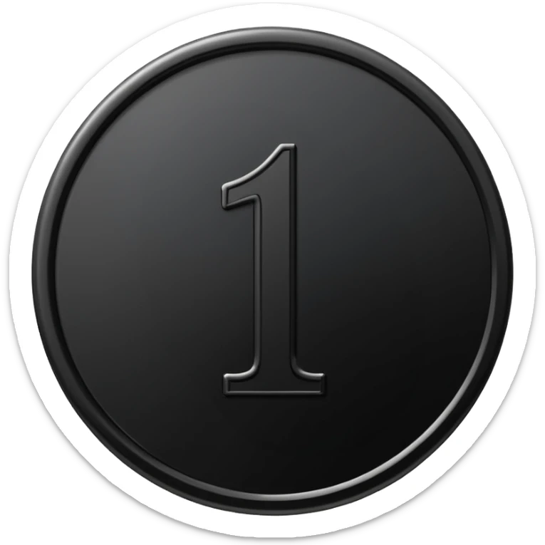 Emoji icon of a black coin with engraved number 1, minimalist style, isolated sticker