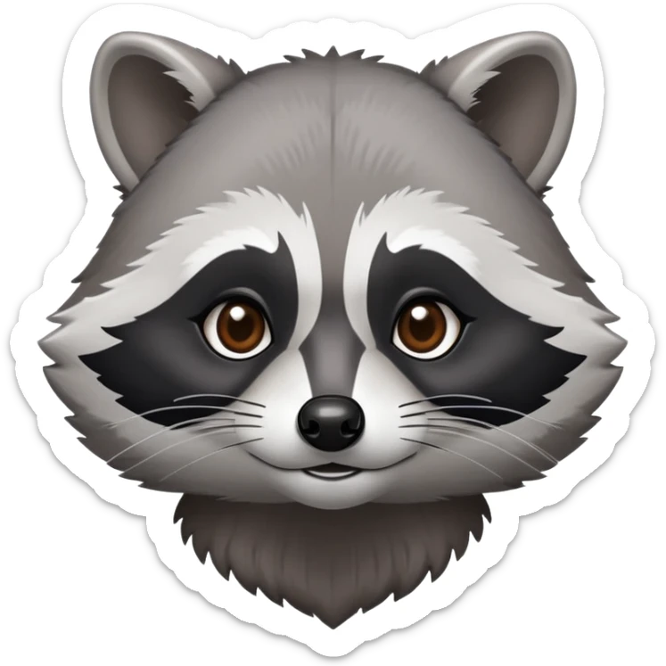 Cinematic-Noble-Raccoon-Portrait-Emoji – Poised and confident, with a sturdy build and a beautifully textured fur of silver-grey accented by dark black facial markings, deep-set, intelligent brown eyes, simplified yet sharp and sophisticated. sticker