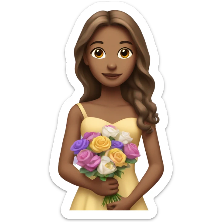 Tan princess with long brown hair holding bouquet of flowers purple pink white yellow sticker