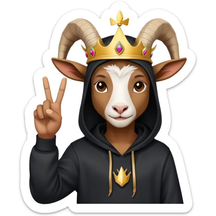 Goat with horns wearing black hoodie and a royal crown do the peace sign sticker