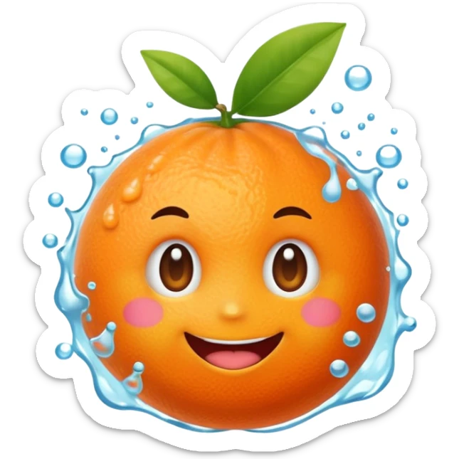 Cute emoji of a super-sweet mandarin orange with a fizzy soda-like feeling, juicy splash, bright orange color, happy expression, kawaii style, transparent background. sticker