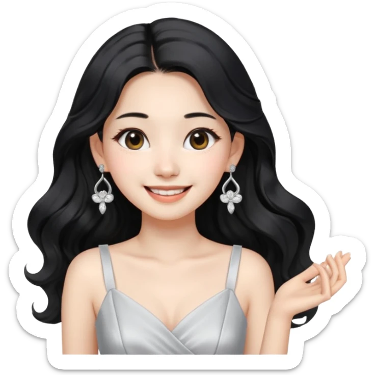 Korean 24-year-old female online shopping mall seller / white face / earrings / smiling expression / long wavy hair / influencer vibe / fashionable / black hair / silver earrings / white dress sticker