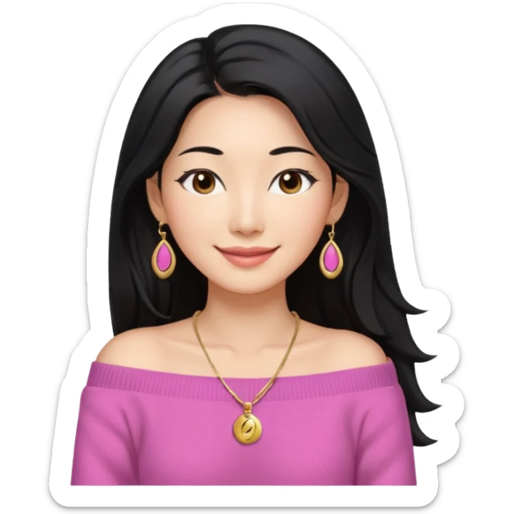 South Korean girl in her mid-thirties with long black hair with a middle part. She is wearing a pink, off the shoulder long sleeve knit sweater, extra small gold earrings and a gold necklace. She has brown eyes with narrow, mono lid shape and smiling with lips together sticker