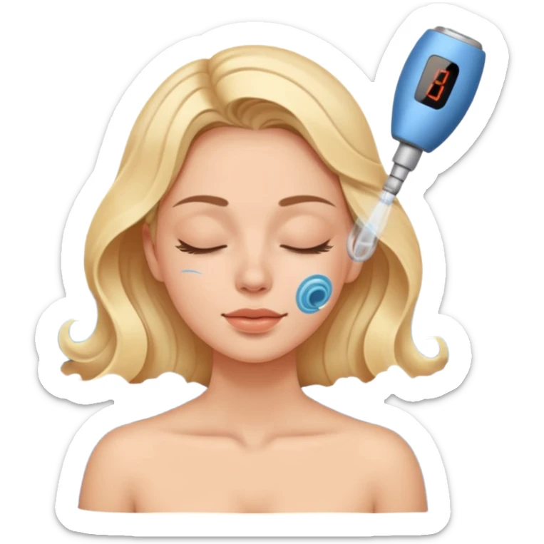 Emoji of a woman with eyes closed, getting an ultrasonic cavitation treatment on her cheek, blue waves showing vibration sticker