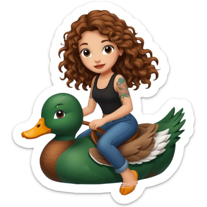 cute woman long curly brown hair tattoos riding duck through pond sticker