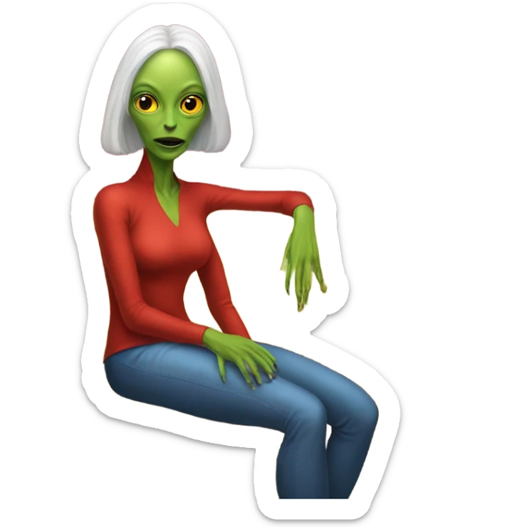 reptilian alien woman in red dress, sitting on a jellow couch  sticker