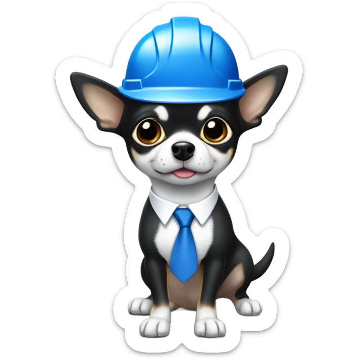 Black and white chihuahua that is running a large company and wears a blue suit with a blue tie and a hard hat and is at a skyscraper sticker