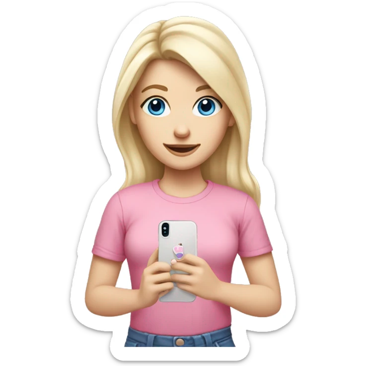 a blue eyed white blond hair girl wearing a pink shirt holding a pink iphone  sticker