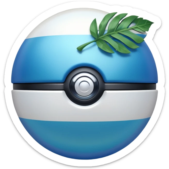 blue pokeball emoji, top half is a more saturated blue, bottom half is white, black stripe, with a white sheen, with a pearlescent finish, with a leaf effect sticker
