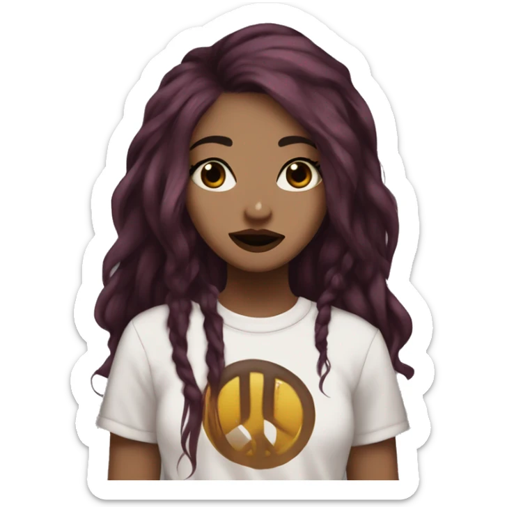 Beautiful girl with long dark maroon hair and a septum piercing, hazel colors eyes, wearing an emo shirt, making a peace sign and winking sticker