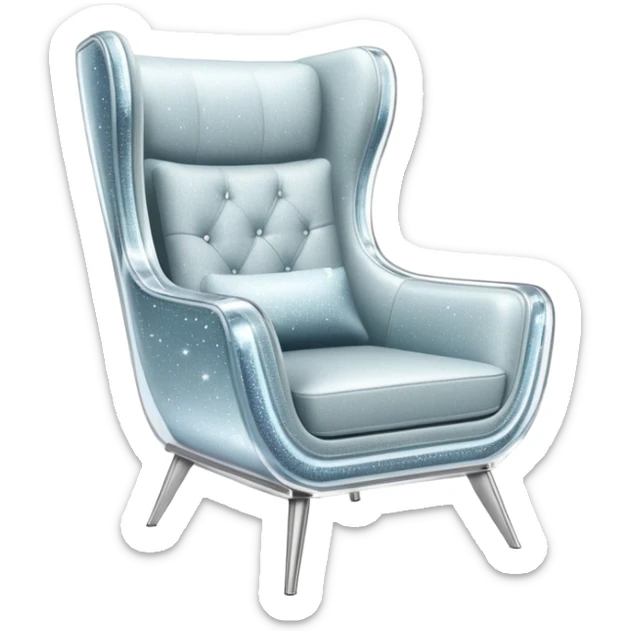 smartphone at an angle showing a clear, detailed armchair on the screen, product page layout, with sparkle effect on the left side sticker