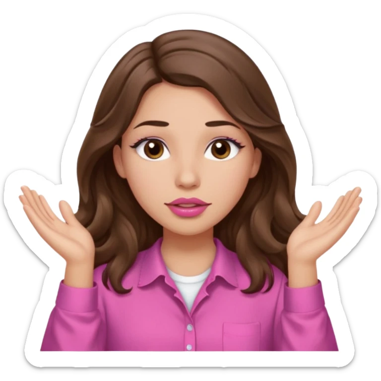 girl with long wavy brown hair, brown eyes, light to medium complexion, in a pink shirt, pink lips, long lashes, puckered lips, both hands all the way up for worship sticker