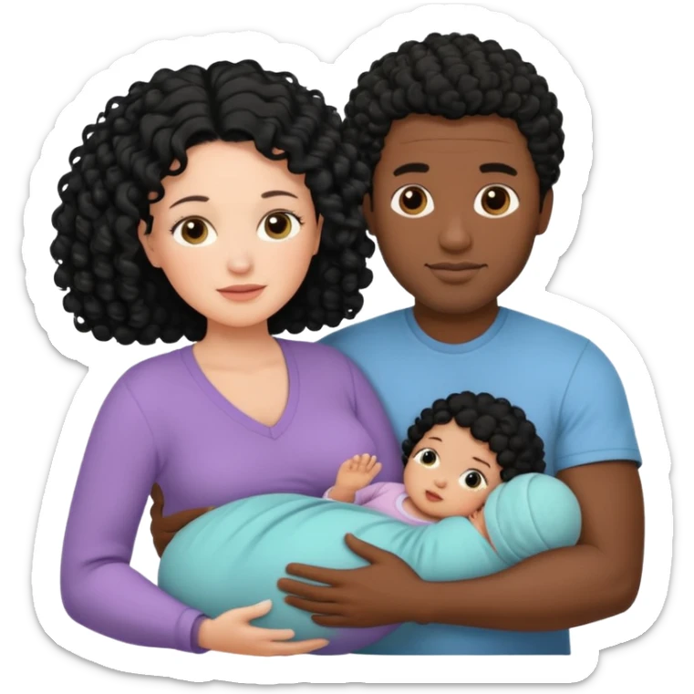family: white woman curly black hair, black man with short black frizz hair, one 2 y o daughter , and a newborn in the and of the mother sticker