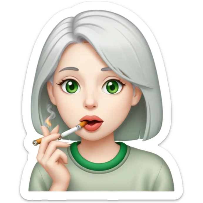 Girl with grey hair, green eyes, with her tongue out in the left side of the mouth and a ciggarete in the right side sticker