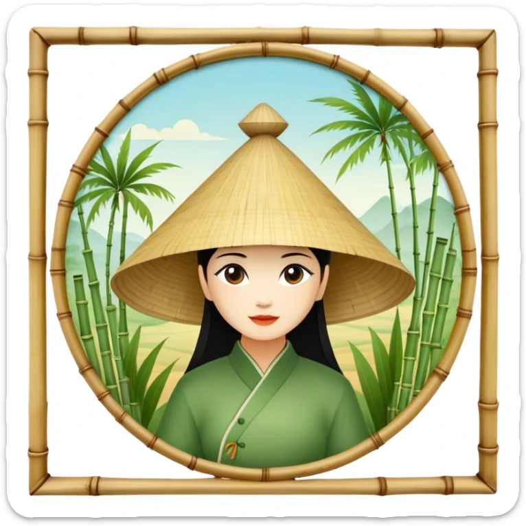 ​Cinematic Realistic Traditional Vietnamese Nón Lá, depicted as a delicately crafted conical hat made of bamboo and palm leaves with subtle texture and natural wear, set against a serene rural backdrop bathed in warm, soft sunlight, evoking authentic cultural heritage, sticker
